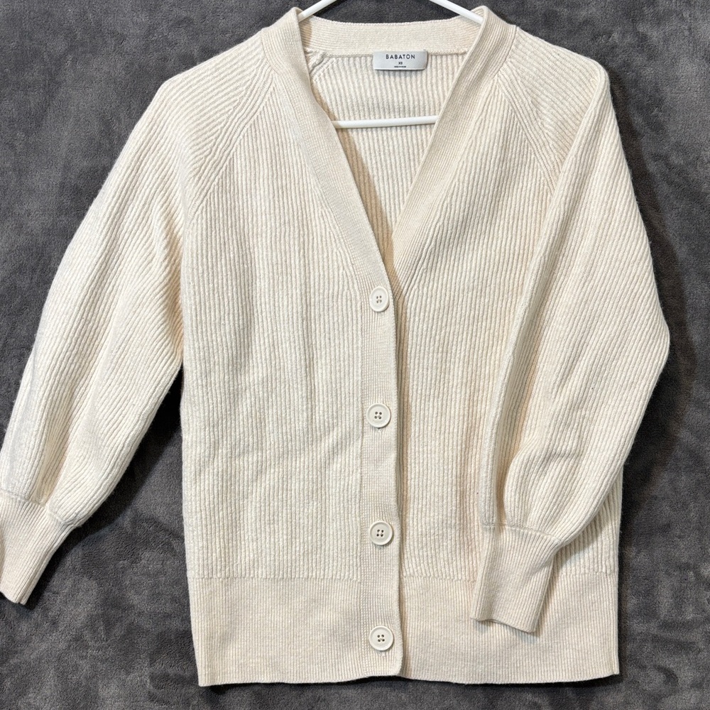 Babaton Cream Ribbed V-Neck Button Cardigan